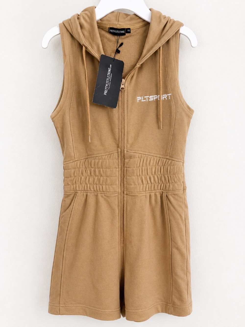 NWT PrettyLittleThing PLT Sport Tan Sleeveless Hooded Mini Dress | XS